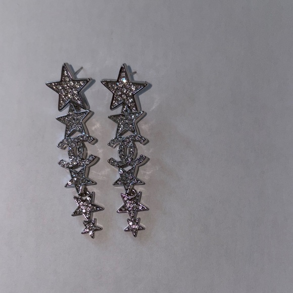 Vintage Chanel Silver Star Dangle Earrings with CC design